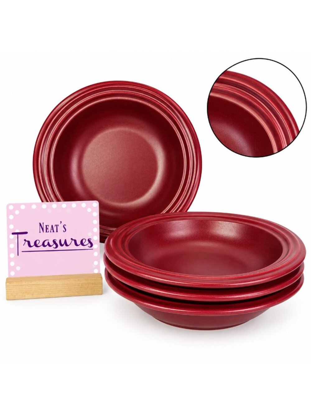 Pfaltzgraff TERRACE RASPBERRY Embossed Rings Stoneware Rimmed Soup Bowls Set 4